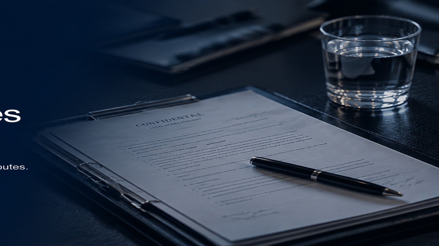Commercial agreement documents arranged diagonally on a dark desk with a fountain pen and a glass of water