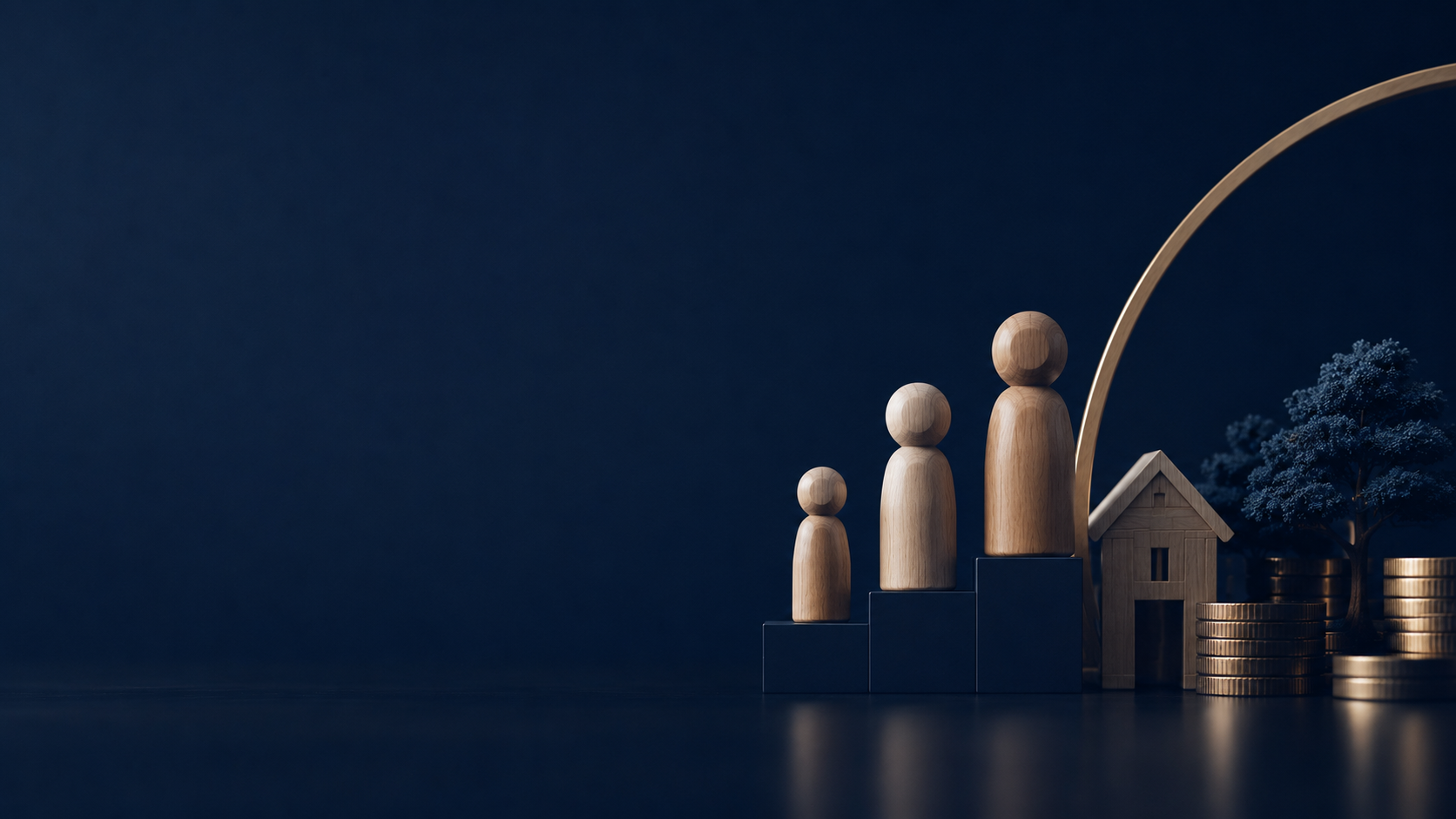 Wooden family figures on ascending steps beside a house, trees and stacked coins