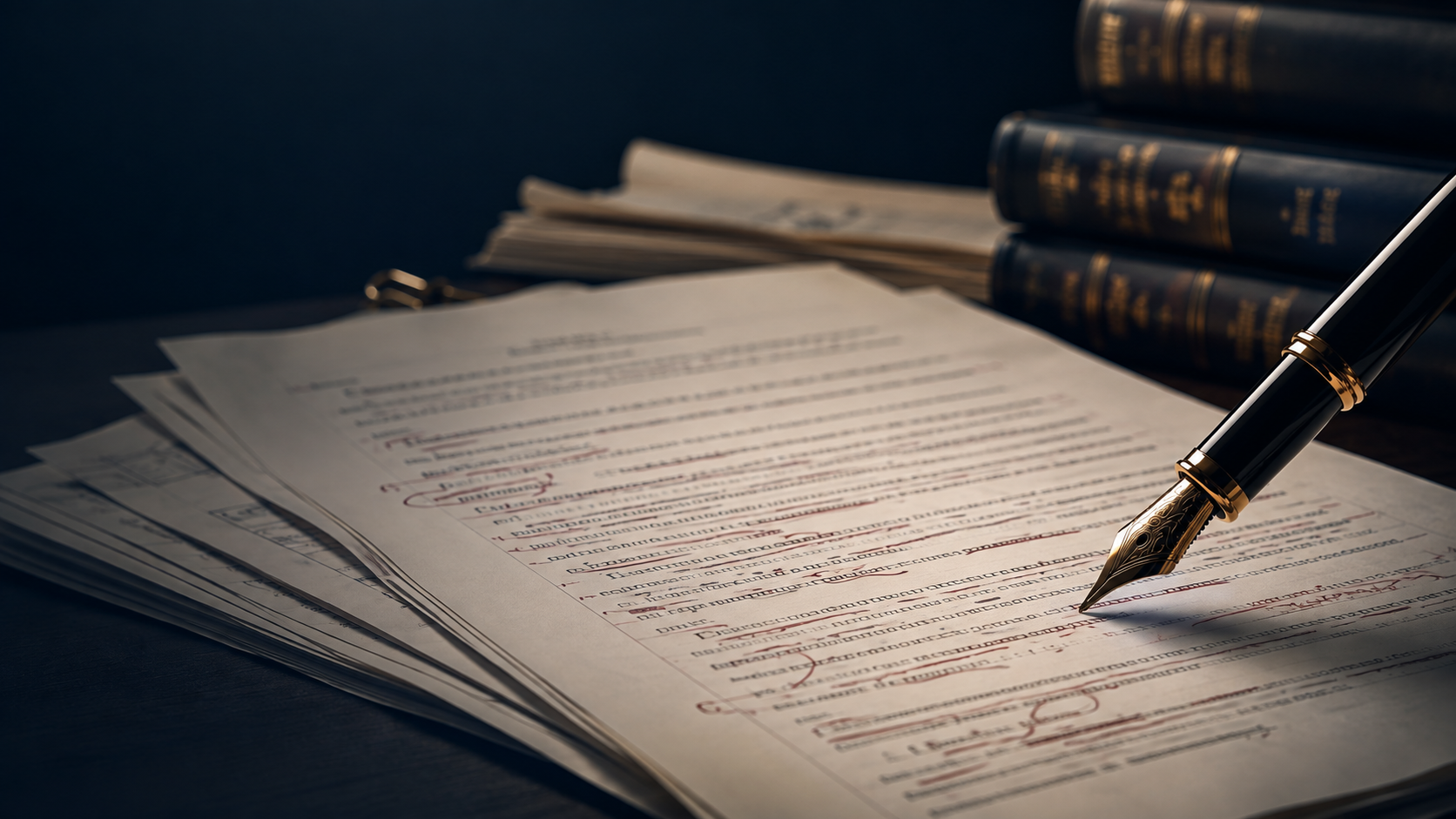 Fountain pen resting on a marked-up legislative working draft
