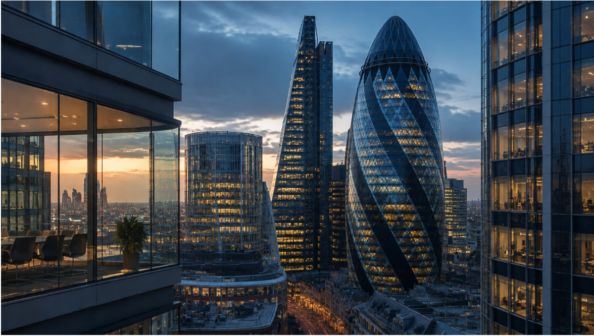 London financial district at dusk with the Gherkin and surrounding towers